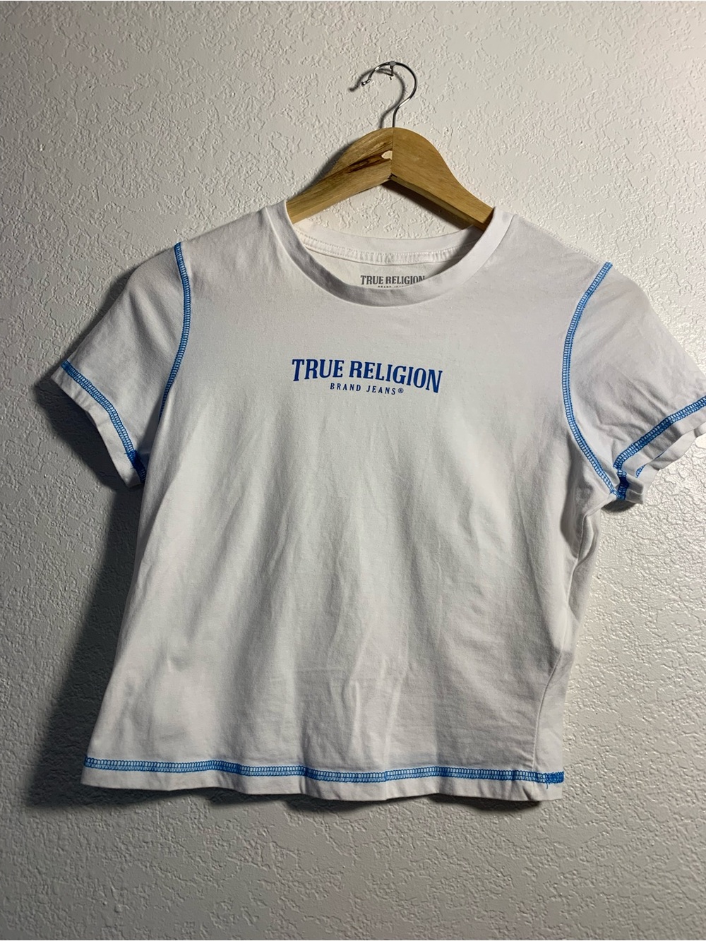 True Religion White Tee with Blue Contrast Stitching M